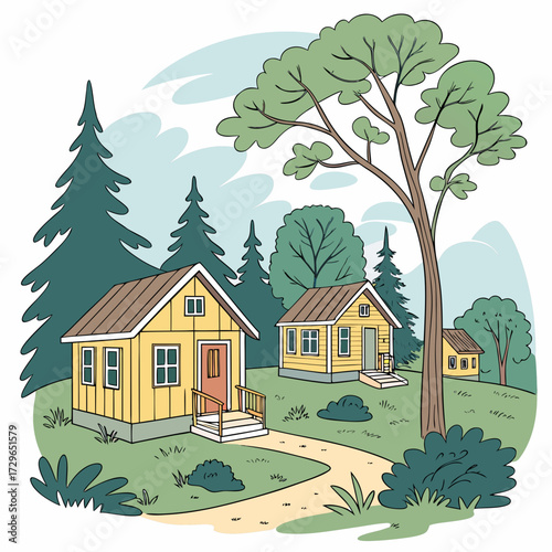 Charming yellow cabins nestled in a serene forest landscape with tall evergreen trees and a winding path leading to the cozy dwellings