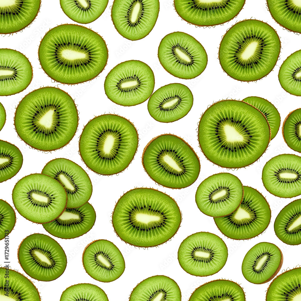 Fototapeta premium Kiwi slices scattered on a black backdrop, vibrant green