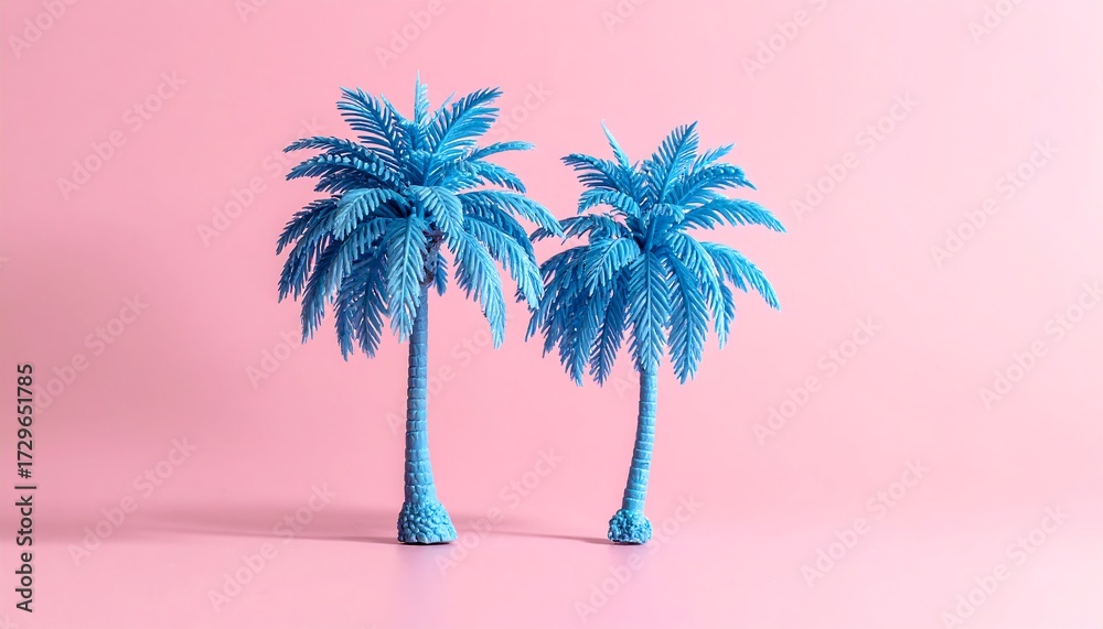 Fototapeta premium Two vibrant blue palm trees against a soft pink background