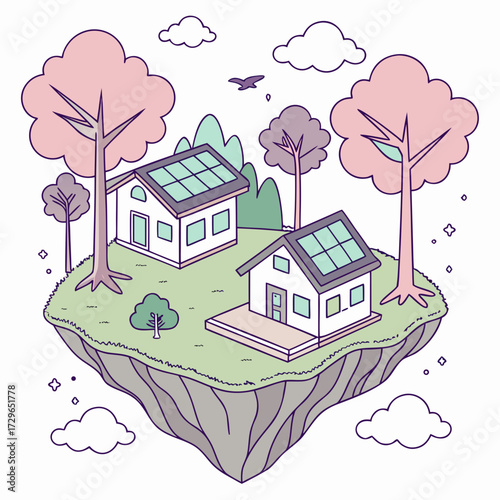 Charming illustration of two eco friendly houses with solar panels on a floating island surrounded by trees and clouds representing sustainable living and renewable energy