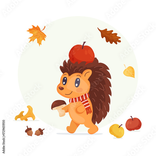 Vector illustration of a cute autumn hedgehog in a scarf with an apple on its head holding a mushroom surrounded by leaves, nuts and forest harvest. Great for kids designs, cards, posters, invitations