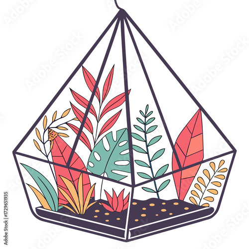 A vibrant and colorful geometric terrarium filled with a variety of lush green and coral tropical plants and leaves creating a miniature botanical garden