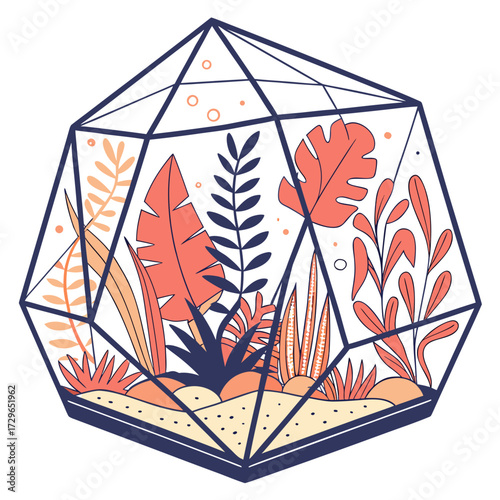 Geometric terrarium filled with lush tropical plants and succulents in a vibrant coral and orange color palette set against a clean white background