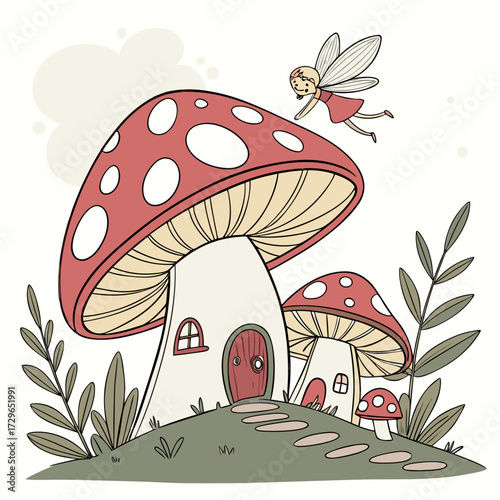 Whimsical illustration of a fairy flying above charming mushroom houses nestled on a grassy hill with stepping stones and foliage