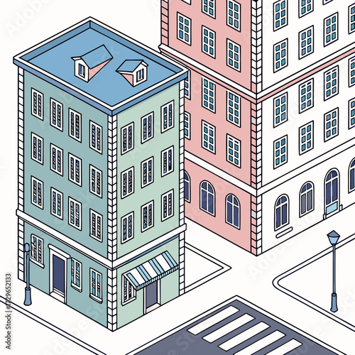 Isometric illustration of a city street corner featuring pastel colored buildings with many windows a striped awning a crosswalk and streetlights