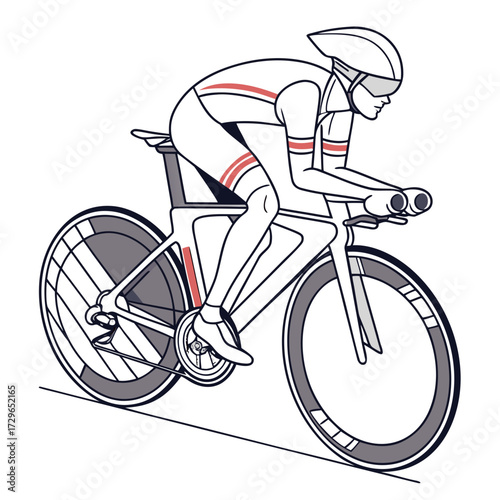Dynamic illustration of a cyclist in a racing helmet and aerodynamic suit leaning forward on a time trial bicycle showcasing speed and athletic performance in a clean modern graphic style