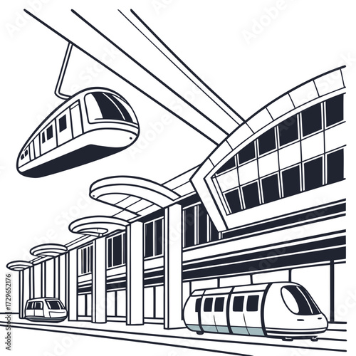 Modern monorail trains arrive and depart from a sleek futuristic station with elevated tracks and contemporary architecture