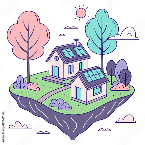 Two charming houses with solar panels on their roofs sit on a floating island surrounded by stylized trees and clouds under a bright sun
