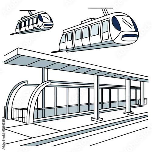 Modern monorail trains arriving and departing from a sleek elevated train station platform with a covered waiting area and entrance