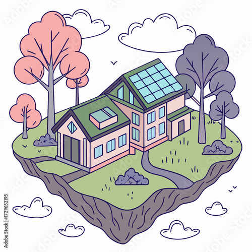 Eco friendly modern house with solar panels and trees on a floating island surrounded by clouds and birds representing sustainable living and renewable energy