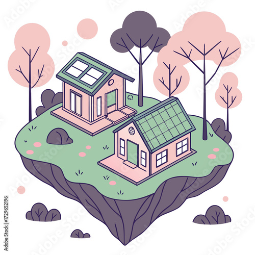 Charming isometric illustration of two eco friendly houses with solar panels surrounded by stylized trees and floating on a grassy island with a cliff edge