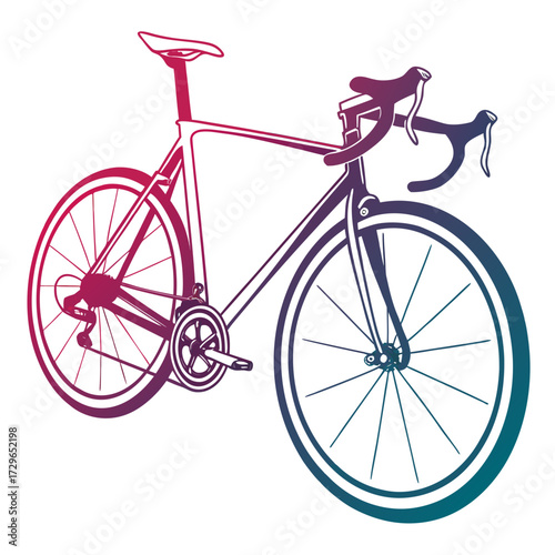 Sleek road bicycle illustration with a gradient color scheme from purple to teal showcasing its frame wheels handlebars and drivetrain on a clean white background