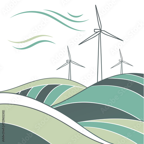 Stylized illustration of rolling green hills with wind turbines generating clean energy under a sky with flowing lines representing wind