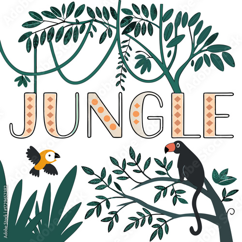 Whimsical jungle scene with the word jungle in decorative letters featuring a toucan and a small bird amidst lush green foliage and vines