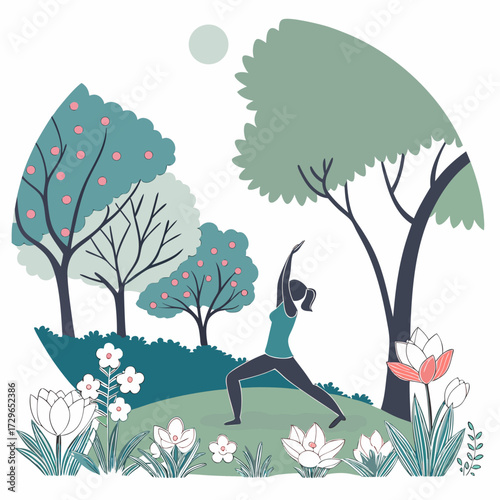 Serene woman practicing yoga warrior pose in a lush garden with blooming flowers and fruit trees under a soft moonlit sky