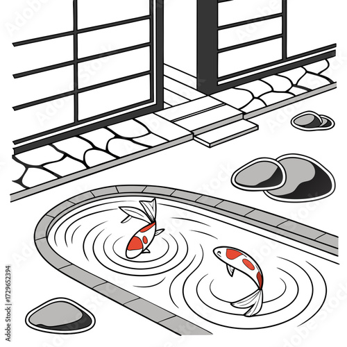 Stylized illustration of a tranquil japanese garden scene featuring two koi fish swimming in a pond with ripples surrounded by rocks and leading to a traditional shoji screen