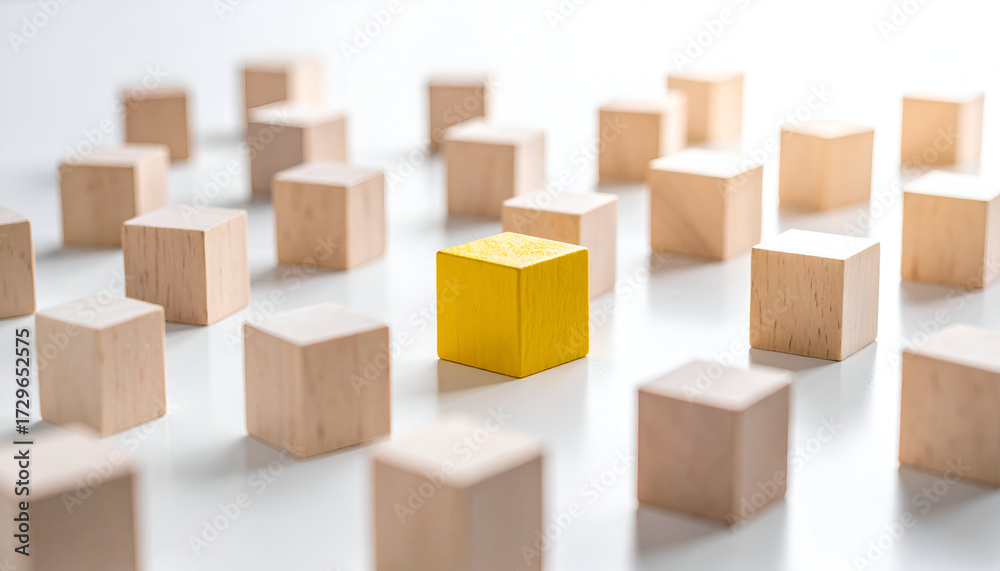 Fototapeta premium Unique yellow cube in crowd of wooden blocks, symbol of originality, vision, and distinction.
