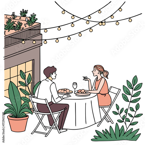 A couple enjoys a romantic dinner on a balcony adorned with string lights and lush greenery creating a cozy and intimate atmosphere for their meal
