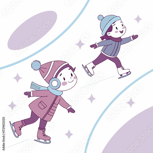 Two happy cartoon children ice skating on a winter day wearing warm hats and scarves surrounded by sparkling stars and gentle curves