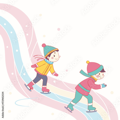 Two happy children ice skating together on a pastel colored ice rink with gentle snow falling around them enjoying winter fun