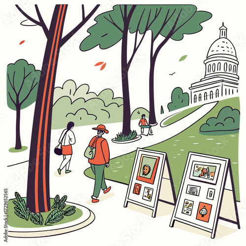 People stroll through a park with an art exhibition displayed on easels in front of a government building on a sunny day