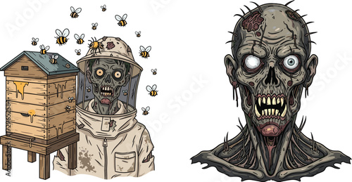 Zombie beekeeper cartoon, creepy hive illustration, scary undead apiarist, horror zombie head, spooky Halloween monster, grotesque beekeeper artwork, terrifying insect character design vector