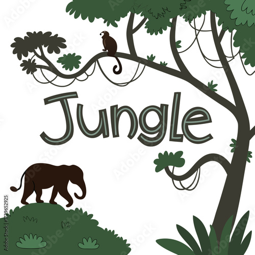 Whimsical jungle scene with elephant and monkey amidst lush greenery and the word jungle