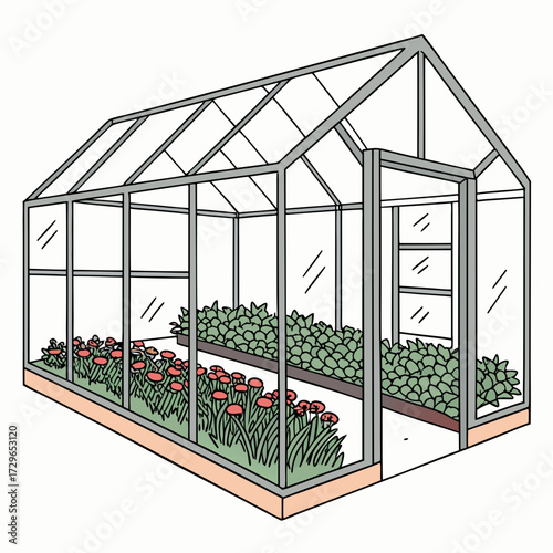 A charming hand drawn illustration of a greenhouse filled with vibrant red flowers and lush green plants showcasing a beautiful gardening sanctuary