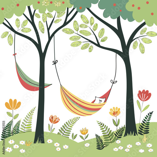 A whimsical illustration of a cat relaxing in a colorful striped hammock strung between two trees surrounded by cheerful flowers and lush greenery on a bright sunny day