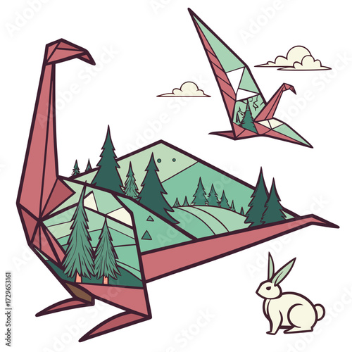 Origami dinosaur and crane with mountain landscape and forest inside accompanied by a rabbit and clouds in a stylized geometric design