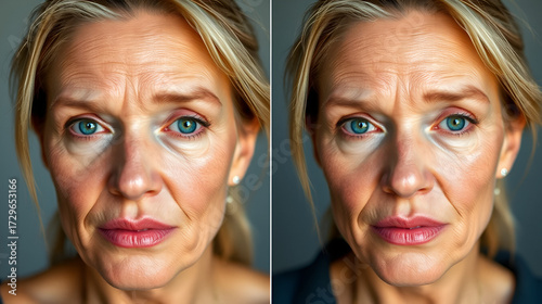 Visual comparison of aging effects on skin showcasing wrinkles and dullness contrasted with smooth, youthful appearance.