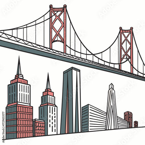Stylized illustration of a suspension bridge spanning over a city skyline featuring iconic skyscrapers and modern architecture against a white background