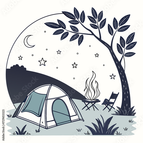 A charming hand drawn illustration of a campsite at night featuring a tent a crackling campfire a folding chair and a starry sky with a crescent moon under a leafy tree