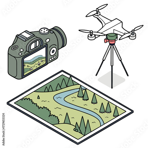 Illustration of photography equipment including a drone on a tripod a camera and a map of a landscape representing aerial photography and exploration