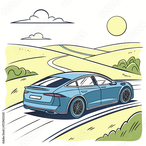 A sleek blue sedan drives along a winding road through rolling green hills under a bright sun and scattered clouds evoking a sense of freedom and travel