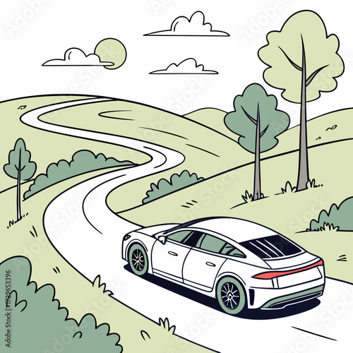 A sleek white sedan drives along a winding road through rolling green hills under a partly cloudy sky with a gentle sun