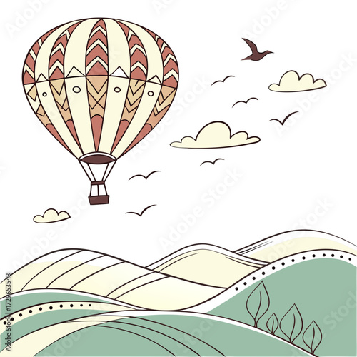 Whimsical hot air balloon floats serenely over rolling hills and scattered clouds with birds flying in a stylized hand drawn artistic landscape