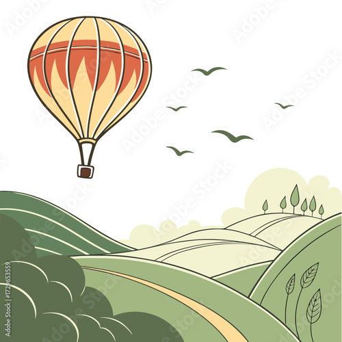 A whimsical illustration features a vintage style hot air balloon floating serenely above rolling green hills and a winding path under a sky with soaring birds and soft clouds