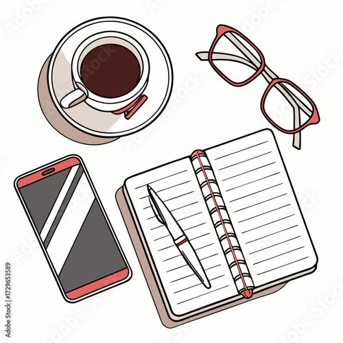 Overhead view of a desk with a cup of coffee eyeglasses a smartphone and an open notebook with a pen symbolizing work or study