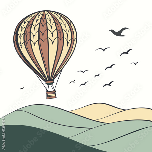 A vintage hot air balloon floats serenely above rolling pastel hills with a flock of birds soaring in the clear sky