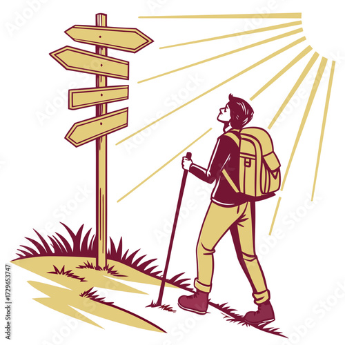 A lone hiker stands at a crossroads signpost looking up at the sun contemplating their next direction on a journey