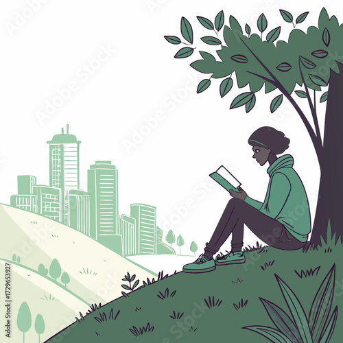 A young person sits under a tree on a grassy hill reading a book with a city skyline in the background symbolizing urban escape and peaceful contemplation