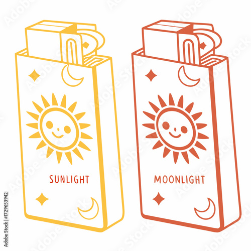 Two stylized tarot card boxes one yellow with a sun and the word sunlight the other orange with a sun and the word moonlight set against a white background