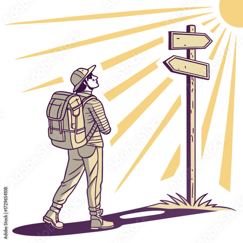 A hiker with a backpack stands at a crossroads looking up at a directional signpost under a bright radiating sun symbolizing choice and journey