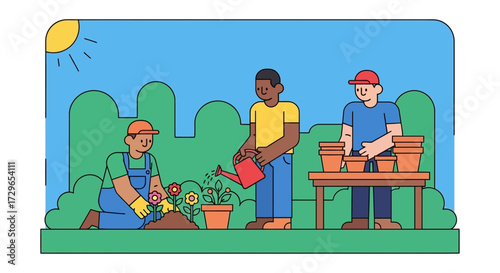 Diverse group of people planting flowers and gardening together in a sunny backyard scene