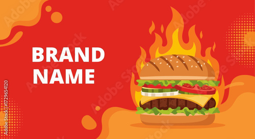 Delicious Fiery Burger Illustration with Brand Name Space on a Red Background