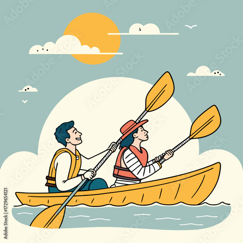 Couple enjoys a sunny day kayaking together on the water paddling in a yellow canoe under a bright sun and fluffy clouds with birds flying in the sky