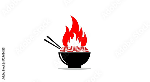 Fiery bowl of spicy Asian food with meatballs and chopsticks. A simple, modern vector icon perfect for a restaurant logo or food blog design