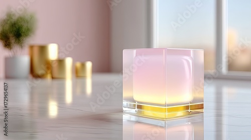 Minimalist Yellow Cube in Clear Acrylic Frame on White Marble Surface with Muted Background and Soft Cinematic Lighting