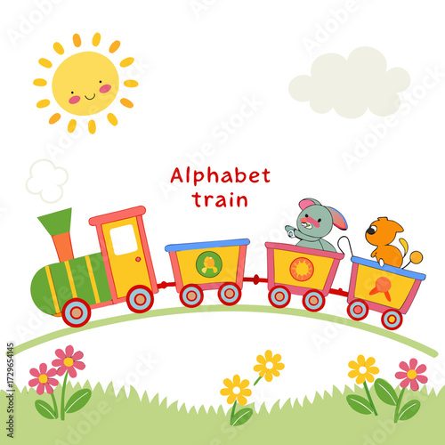 Cute cartoon alphabet train with happy animals and smiling sun on a sunny day with flowers and clouds perfect for children s education and learning